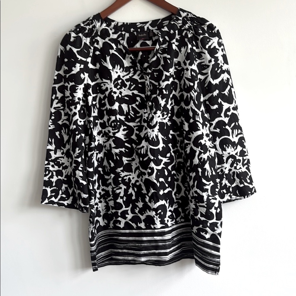 Rafaella 100% Linen Black White Floral Tunic Top - Size Medium‎